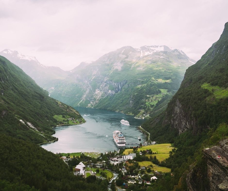 Geirangerfjord, Norway. Touristic Ship Ferry Boat Cruise Ship Liner Floating