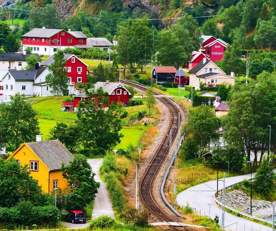 Norway village with colorful house landscape