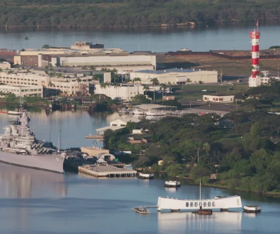  Aerial view of Pearl Harbor with USS Arizona Memorial and Battleship Missouri.