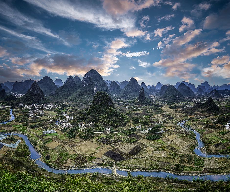 Beautiful Wooded Karst Mountains and the Li River in Guilin